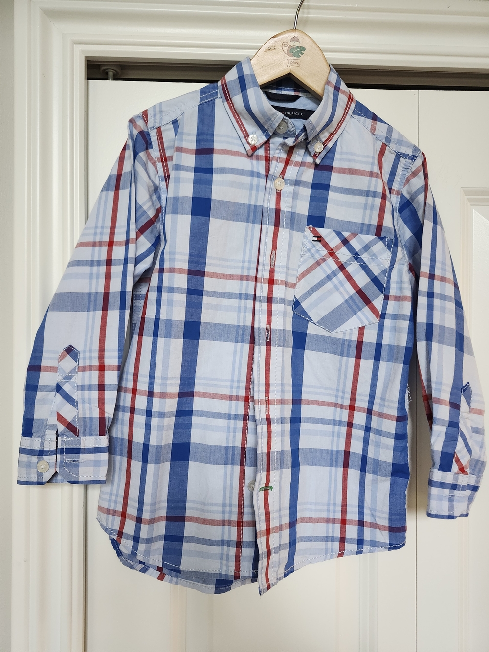 Tommy Hilfiger Boys Plaid Button Down Shirt Size 4 Red Blue EUC